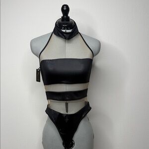 Halter Wet Look Mesh Bodysuit Black Nude Cutout NWT Hustler Hollywood Medium